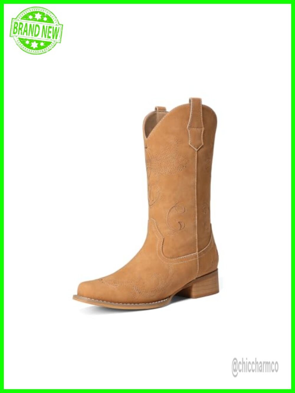 Women's Mid Calf Western Cowboy Boots Faux Leather Block Heel Square Toe